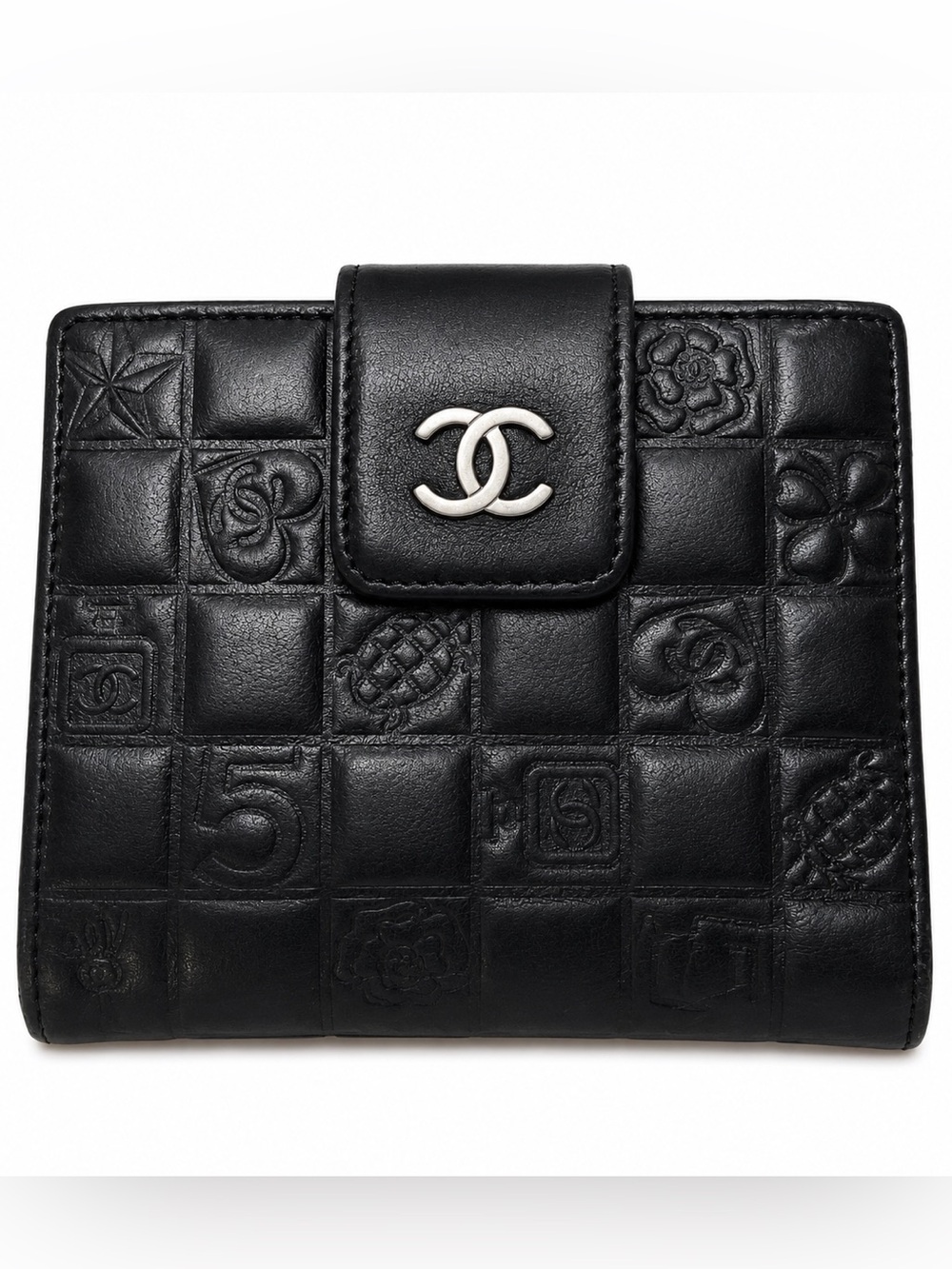 CHANEL Lucky Symbols Wallet Black Leather Rare CC Motif Vintage Collector